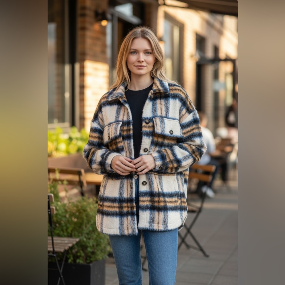 English Factory Cream, Black & Tan Plaid Shacket